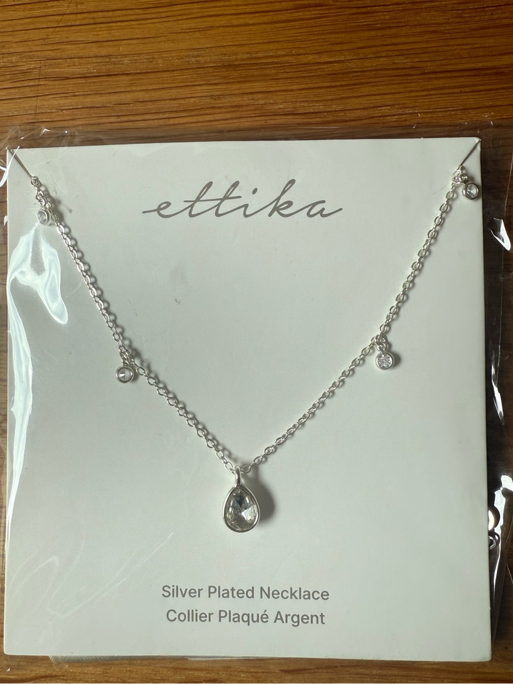 ettika Silver Plated Necklace with Clear Teardrop Pendant